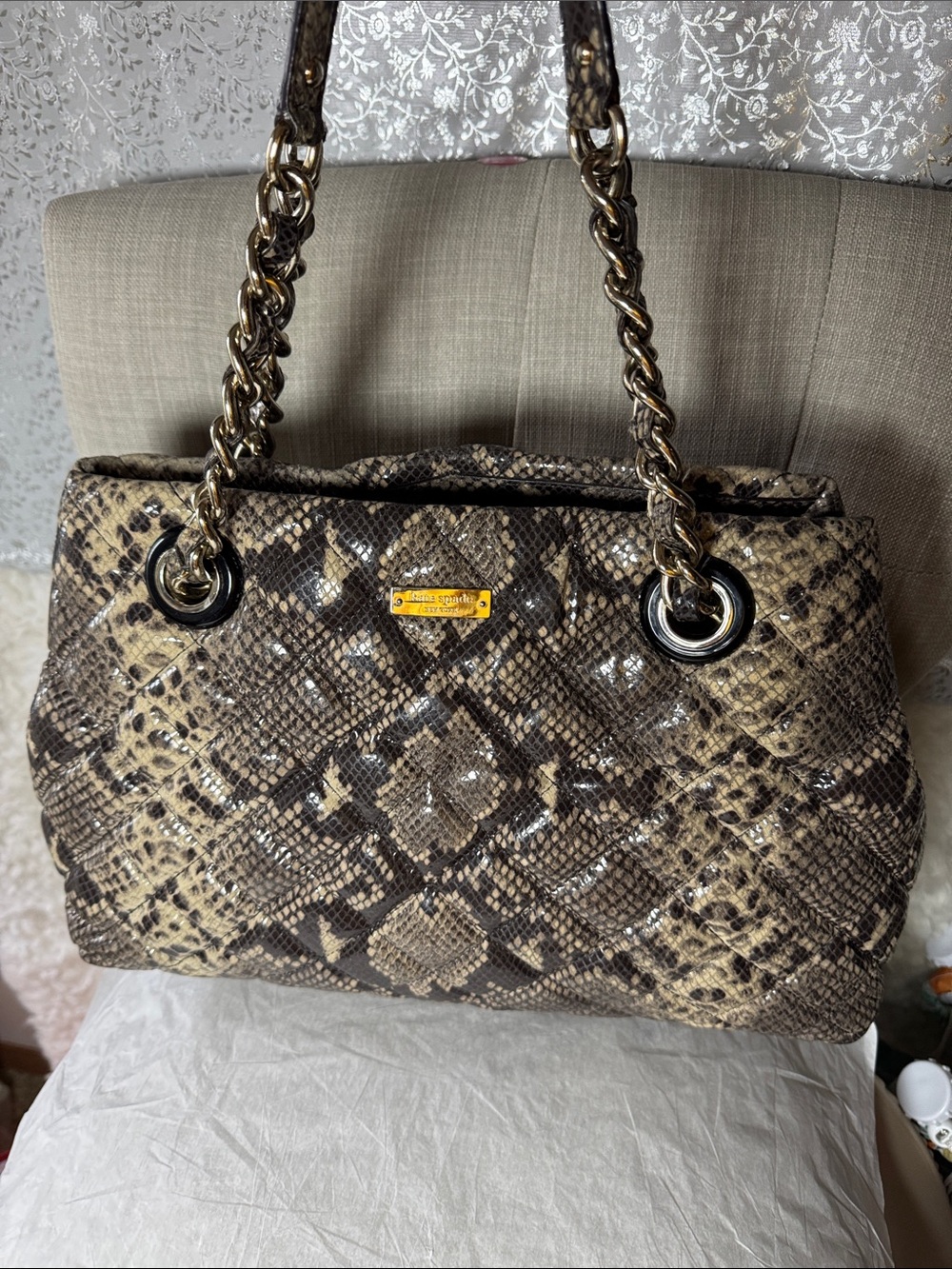 Kate spade ♠️ Snakeskin-Print Chain Shoulder Bag in Brown and Cream